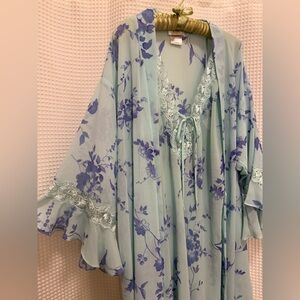Vintage Blue Lace Trim Slip Dress and Robe